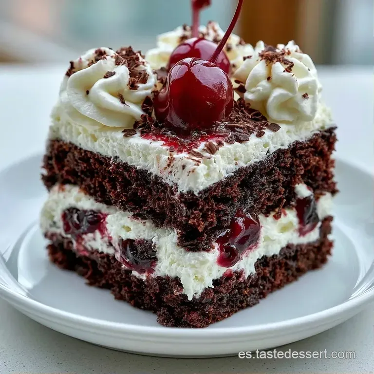 Rebanada de bizcocho oscuro con nata montada blanca, decorada con cereza roja y chocolate sobre un plato blanco limpio.
