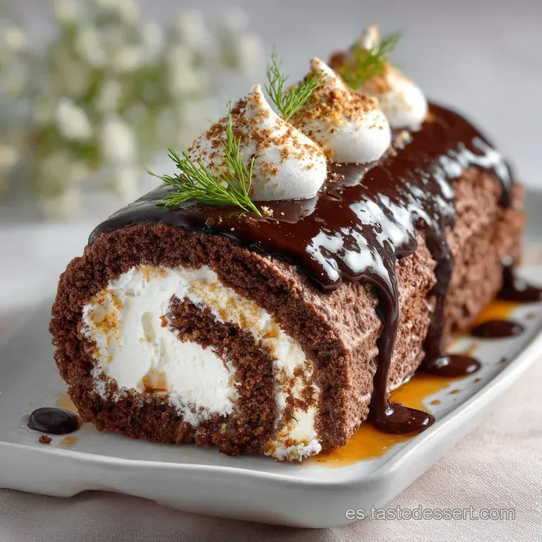 Slice of a rich, rolled chocolate cake filled with creamy mascarpone, dusted with cocoa, and garnished with crunchy hazeln...