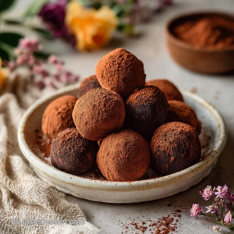 A tower of stacked, rich chocolate truffles, sprinkled with cocoa, arranged artfully on a white plate. Elegant dessert.