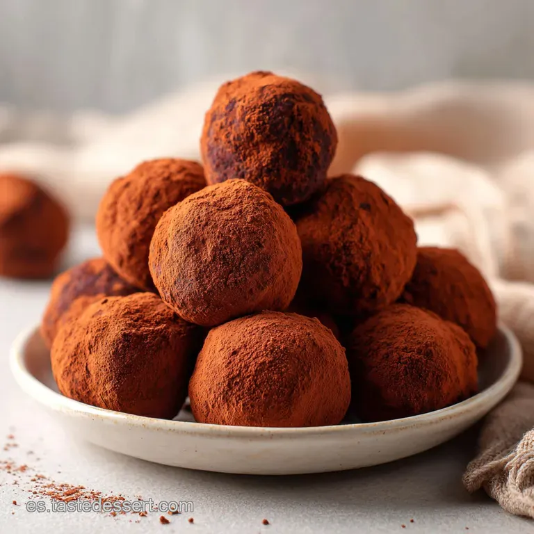 Elegant plate showcasing a pyramid of dark chocolate truffles with a dusting of cocoa. A sophisticated dessert, melt-in-yo...