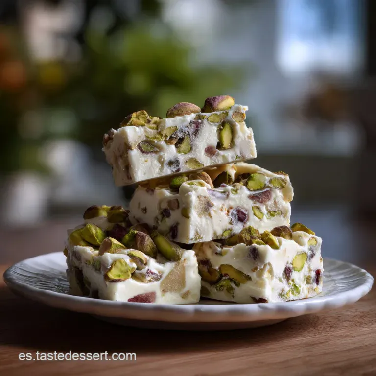 Elegant, off-white dessert with bright green flecks, artfully arranged on a minimalist white plate. Rich, melting texture.