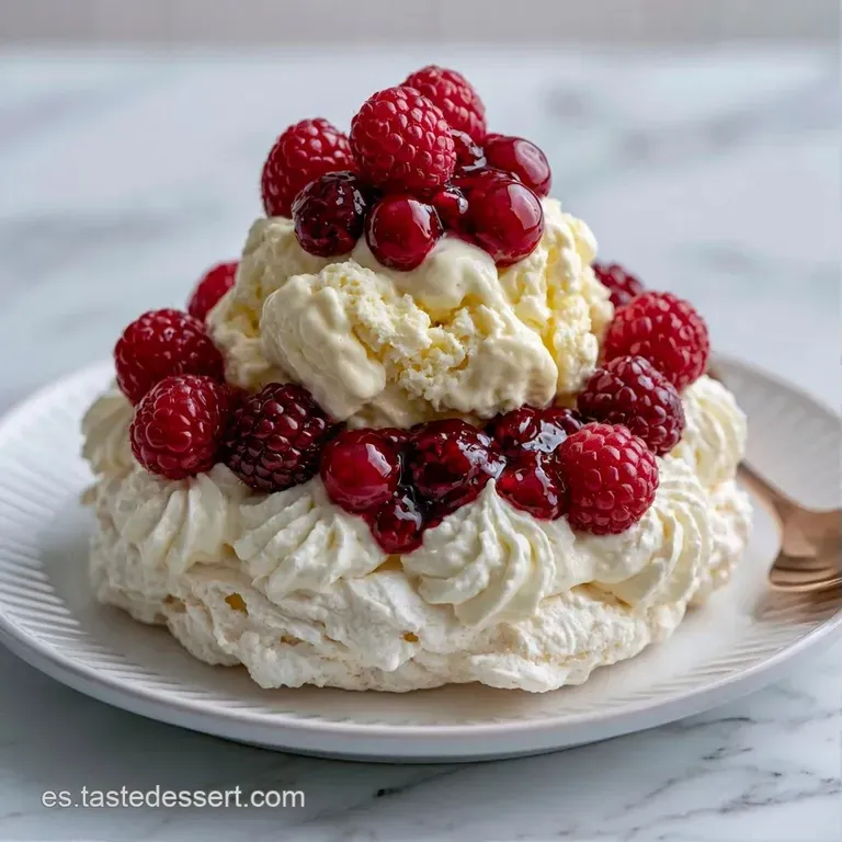 Postre montado en capas de merengue blanco, nata montada sedosa y frutos rojos frescos sobre un plato blanco limpio.